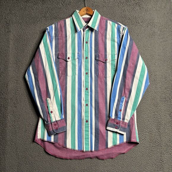 Vintage Wrangler Brushpopper Shirt Mens Large Striped Western Button Up 80s 90s - Picture 1 of 11